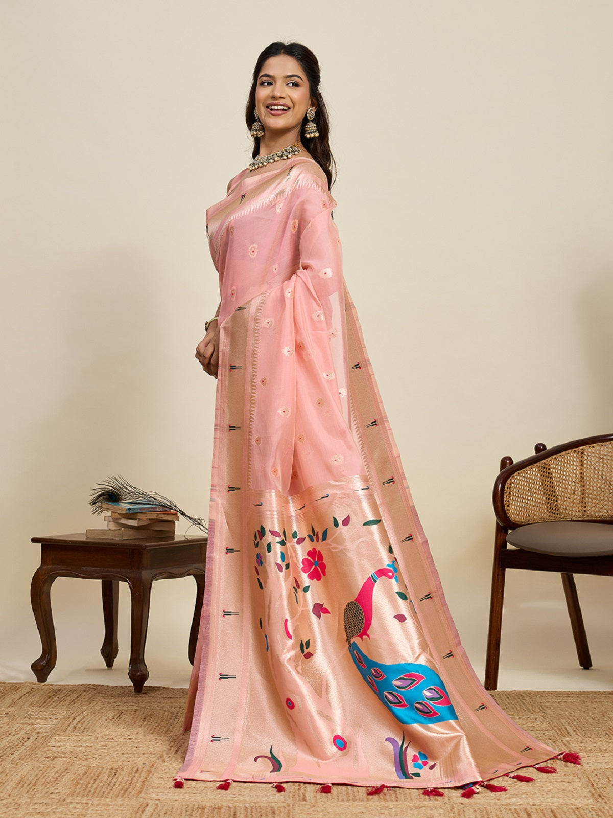 Dwija Fashion Baby Pink Wedding Wear Paithani Silk Jari Weaving On All Over Saree With Unstitched Blouse