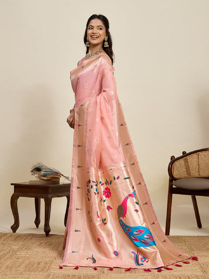 Dwija Fashion Baby Pink Wedding Wear Paithani Silk Jari Weaving On All Over Saree With Unstitched Blouse