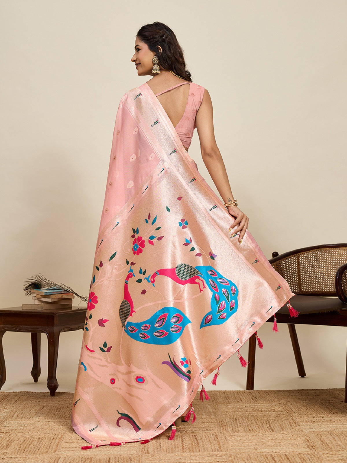Dwija Fashion Baby Pink Wedding Wear Paithani Silk Jari Weaving On All Over Saree With Unstitched Blouse