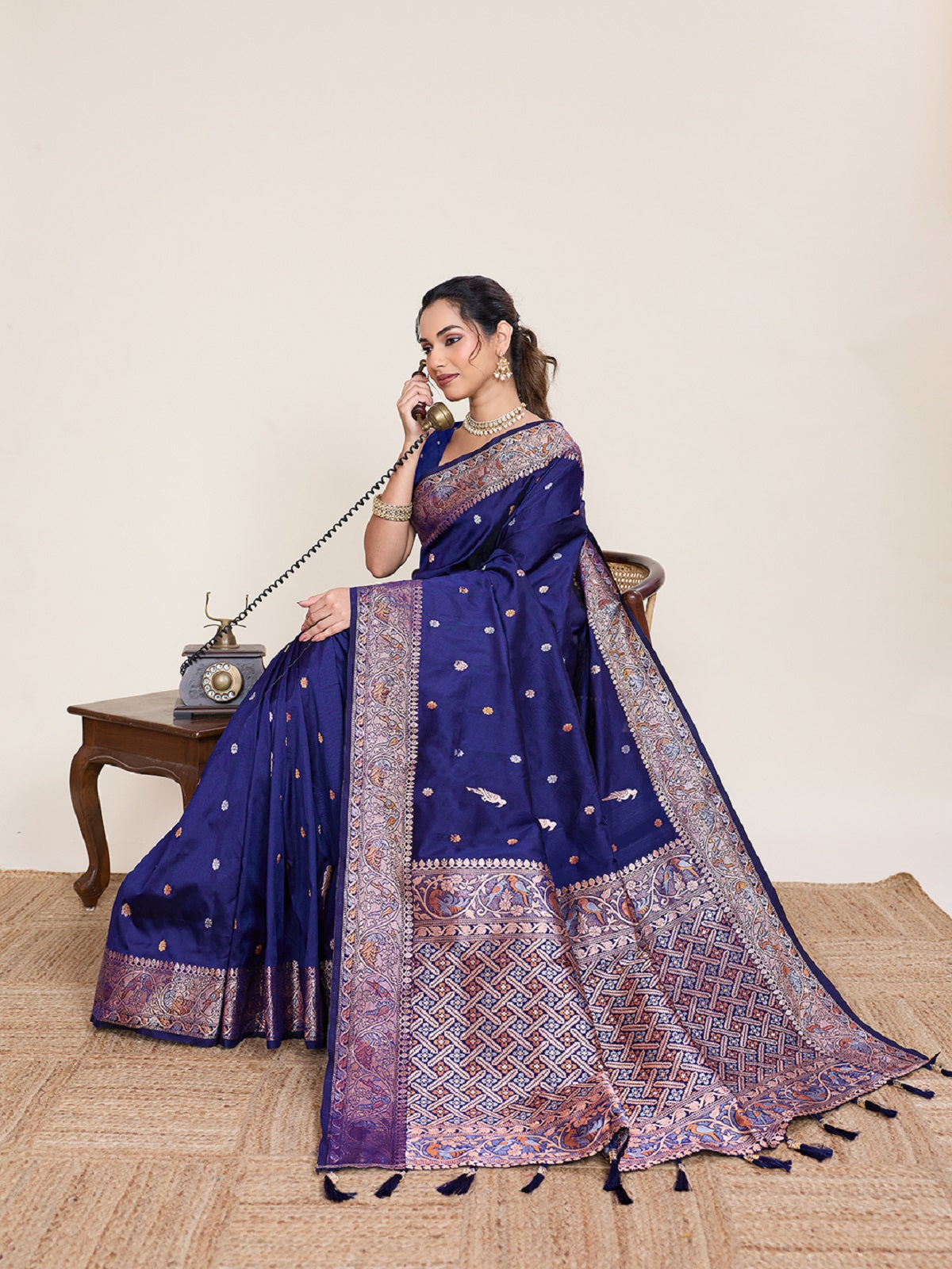 Dwija Fashion Royal Blue Wedding Wear Jacquard Silver Gold Jari Work With Unstitched Blouse
