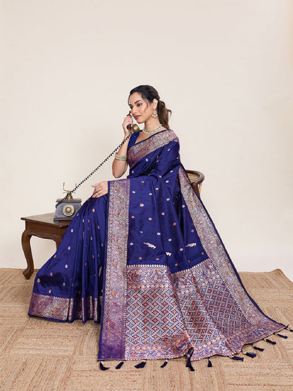 Dwija Fashion Royal Blue Wedding Wear Jacquard Silver Gold Jari Work With Unstitched Blouse