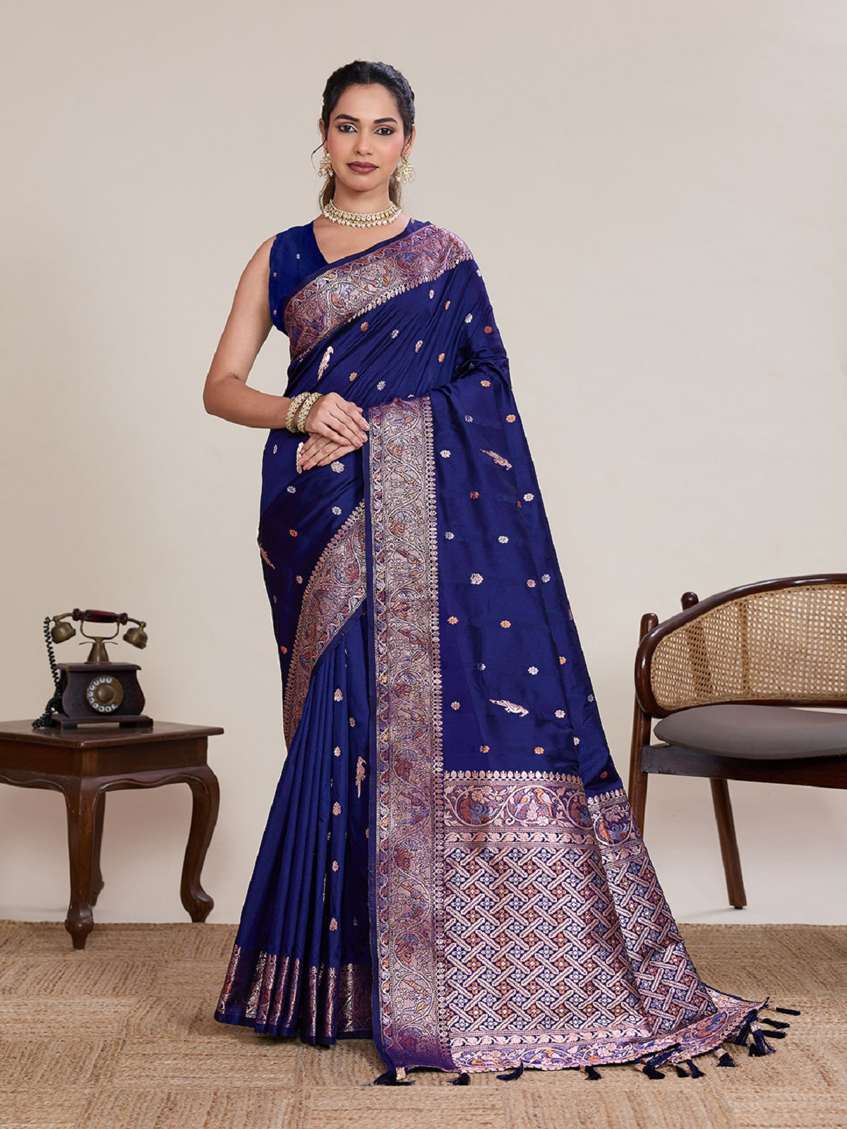 Dwija Fashion Royal Blue Wedding Wear Jacquard Silver Gold Jari Work With Unstitched Blouse