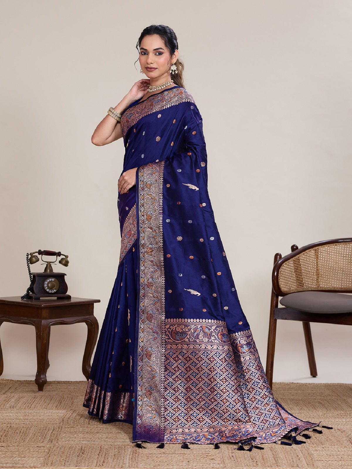 Dwija Fashion Royal Blue Wedding Wear Jacquard Silver Gold Jari Work With Unstitched Blouse