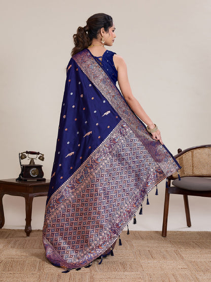 Dwija Fashion Royal Blue Wedding Wear Jacquard Silver Gold Jari Work With Unstitched Blouse