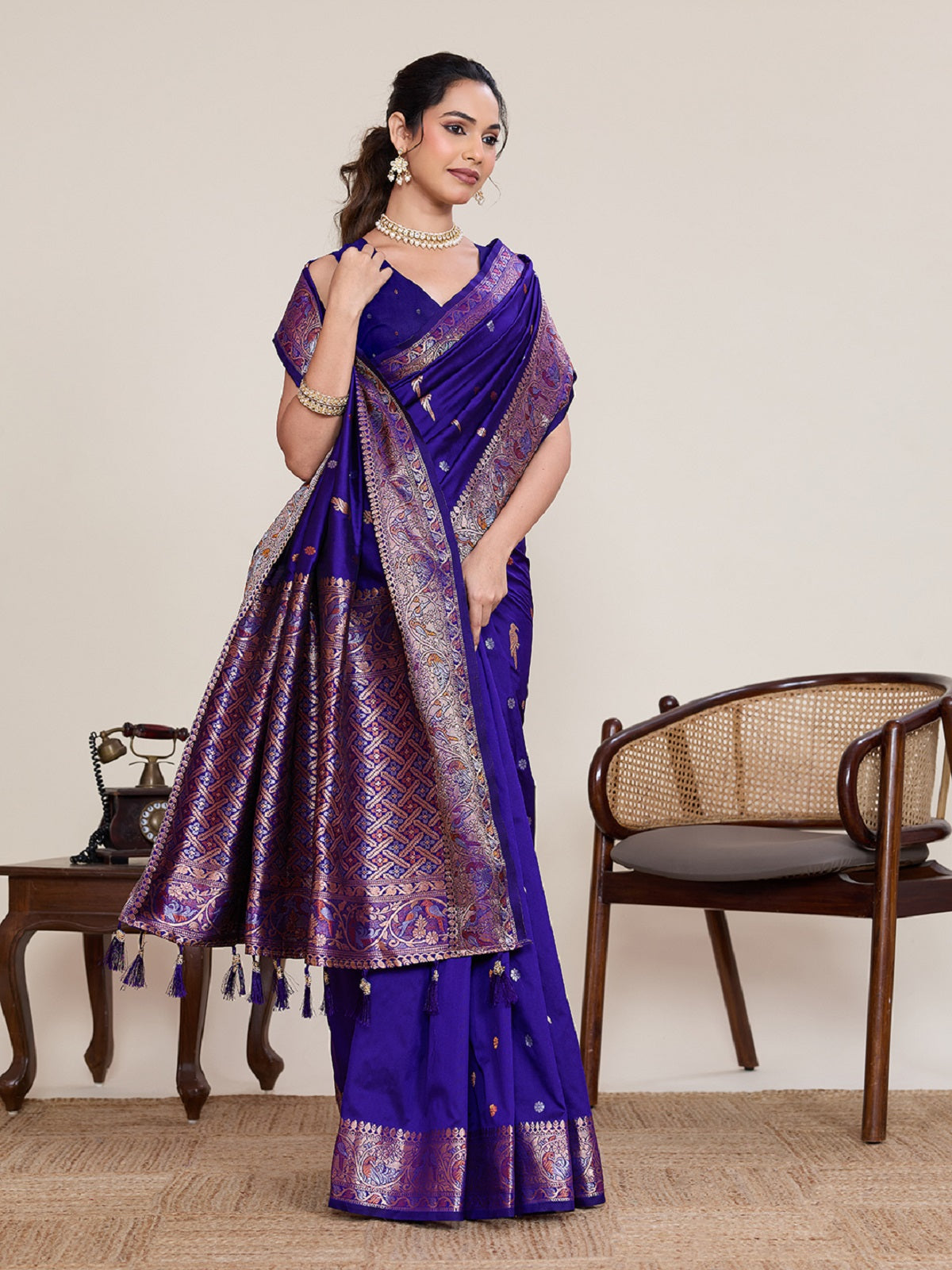 Dwija Fashion Blue Wedding Wear Jacquard Silver Gold Jari Work With Unstitched Blouse
