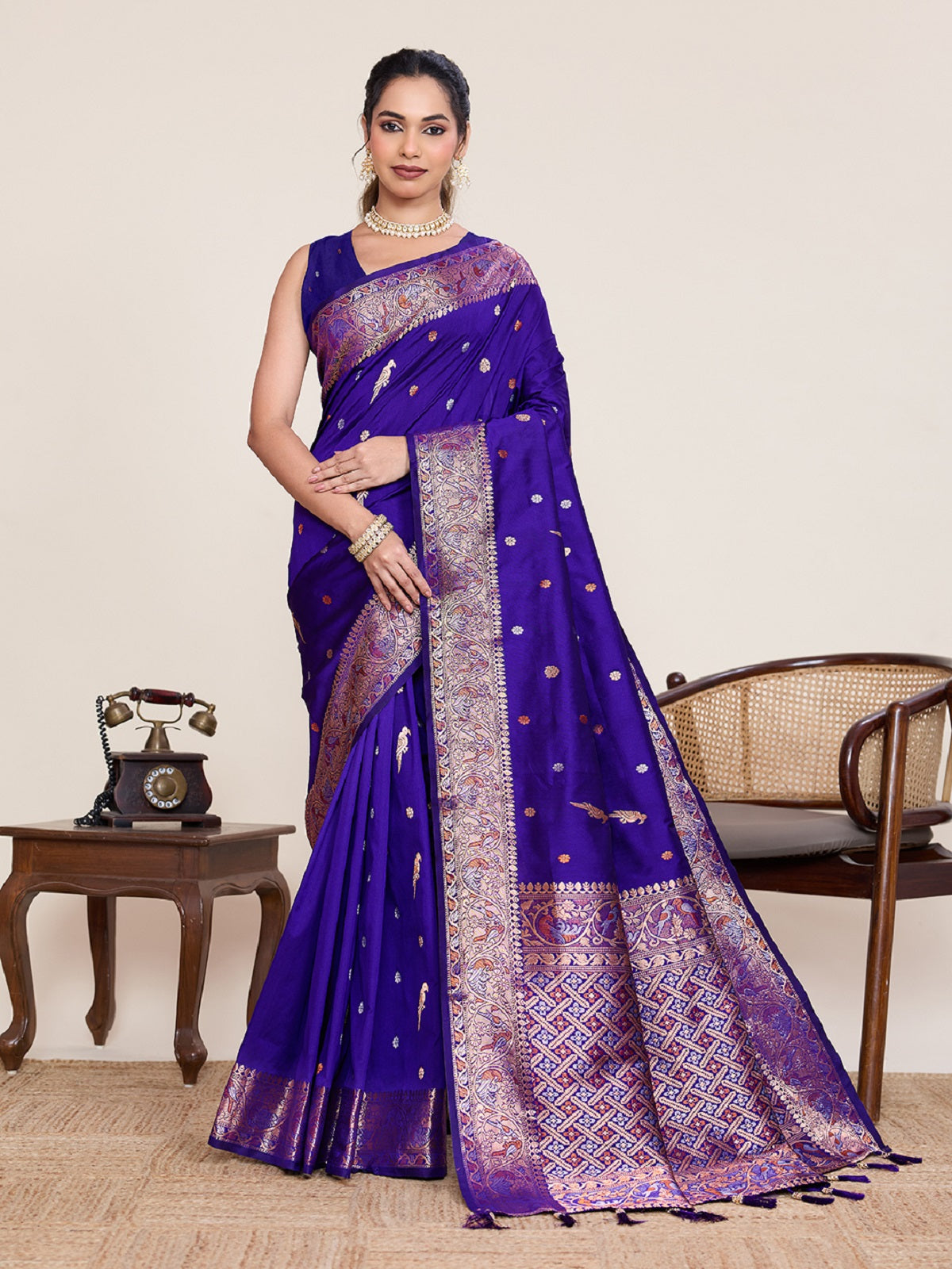 Dwija Fashion Blue Wedding Wear Jacquard Silver Gold Jari Work With Unstitched Blouse