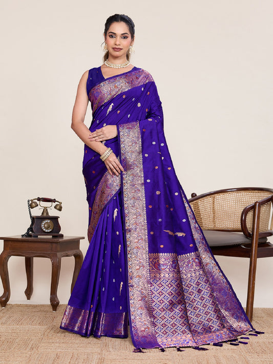 Dwija Fashion Blue Wedding Wear Jacquard Silver Gold Jari Work With Unstitched Blouse