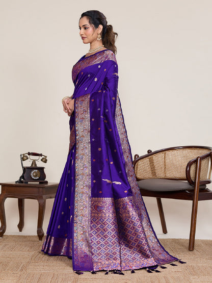 Dwija Fashion Blue Wedding Wear Jacquard Silver Gold Jari Work With Unstitched Blouse