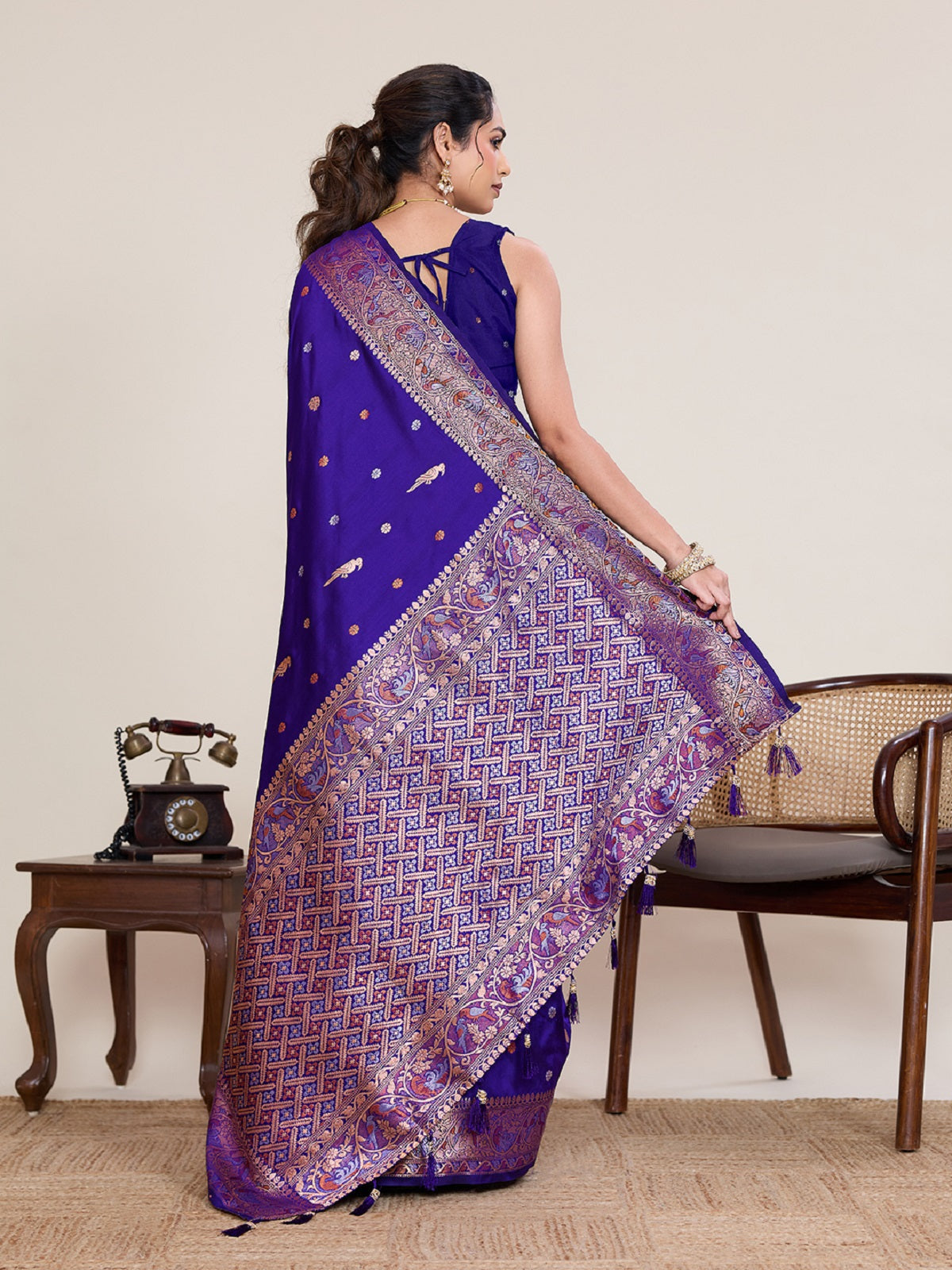 Dwija Fashion Blue Wedding Wear Jacquard Silver Gold Jari Work With Unstitched Blouse