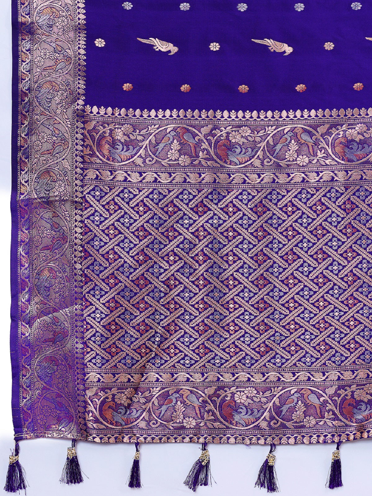 Dwija Fashion Blue Wedding Wear Jacquard Silver Gold Jari Work With Unstitched Blouse
