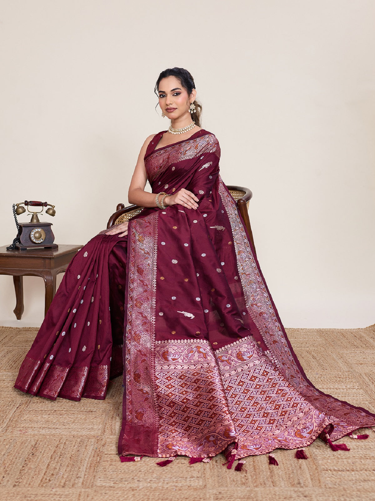 Dwija Fashion Deep Maroon Wedding Wear Jacquard Silver Gold Jari Work With Unstitched Blouse