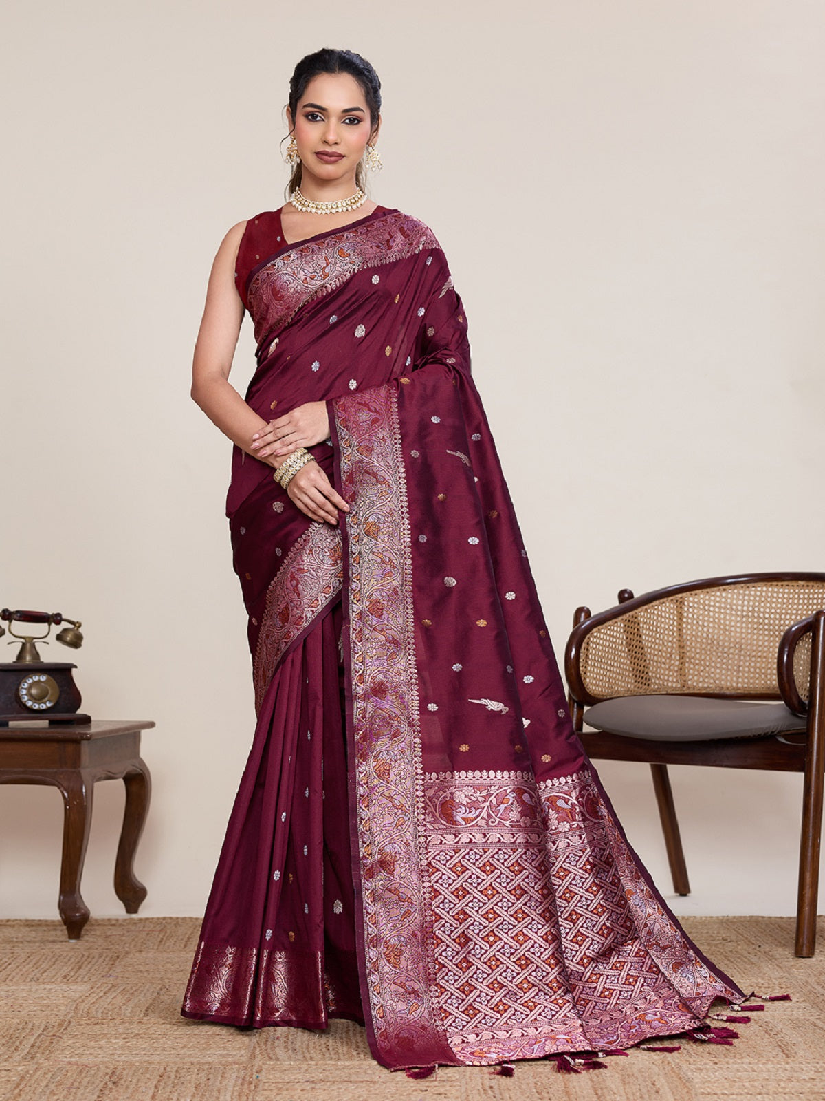 Dwija Fashion Deep Maroon Wedding Wear Jacquard Silver Gold Jari Work With Unstitched Blouse