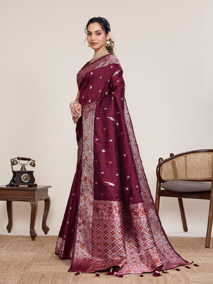 Dwija Fashion Deep Maroon Wedding Wear Jacquard Silver Gold Jari Work With Unstitched Blouse