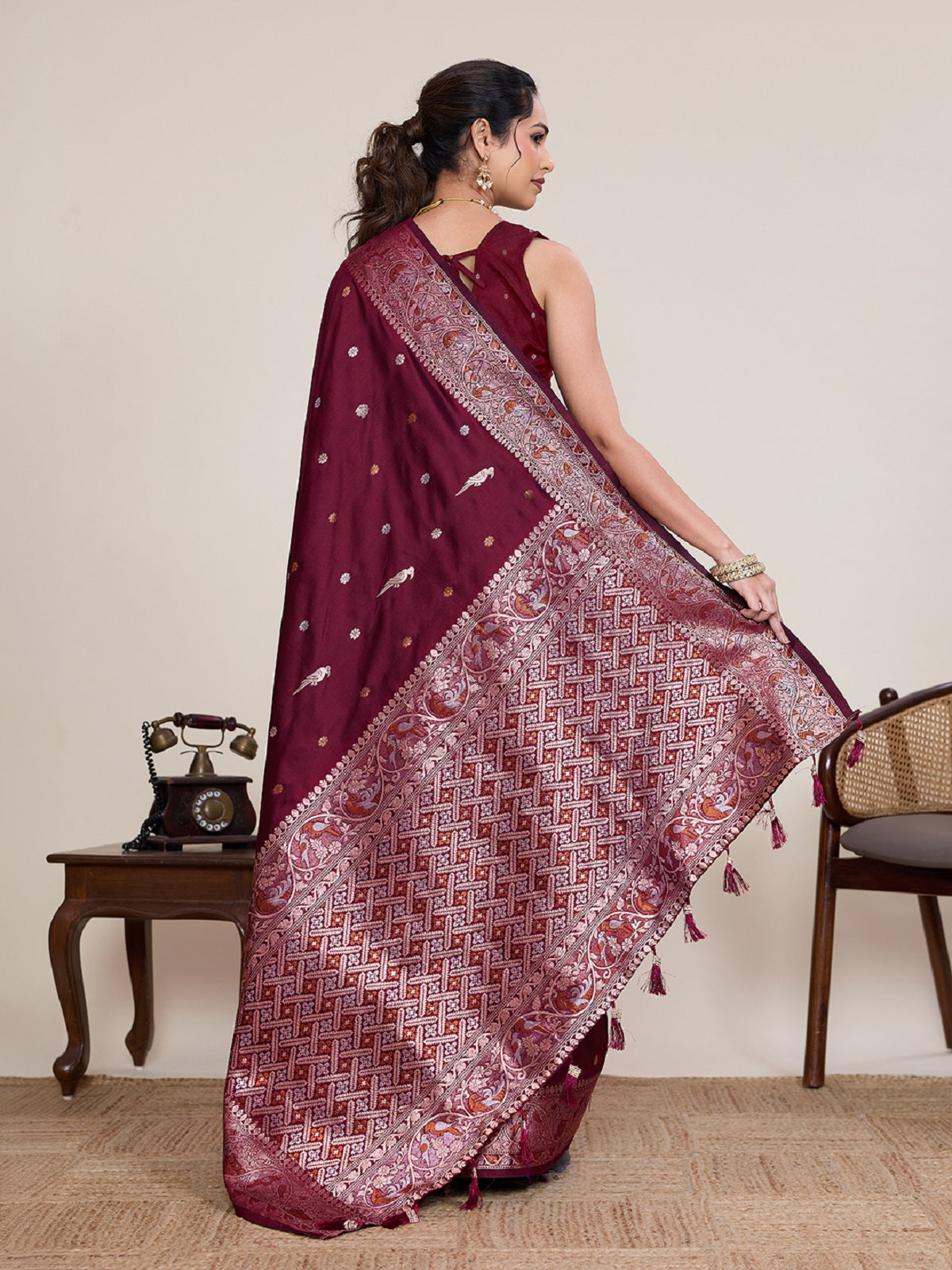 Dwija Fashion Deep Maroon Wedding Wear Jacquard Silver Gold Jari Work With Unstitched Blouse