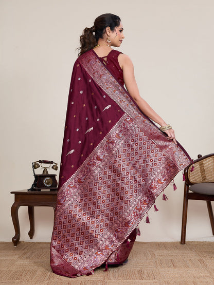 Dwija Fashion Deep Maroon Wedding Wear Jacquard Silver Gold Jari Work With Unstitched Blouse