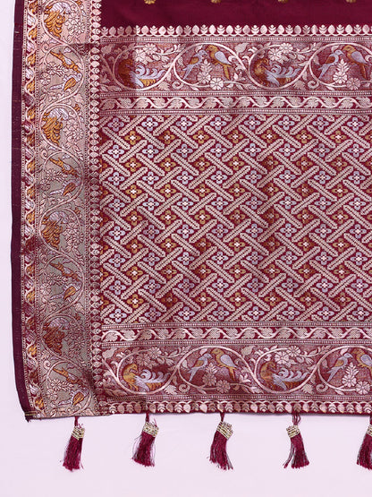 Dwija Fashion Deep Maroon Wedding Wear Jacquard Silver Gold Jari Work With Unstitched Blouse