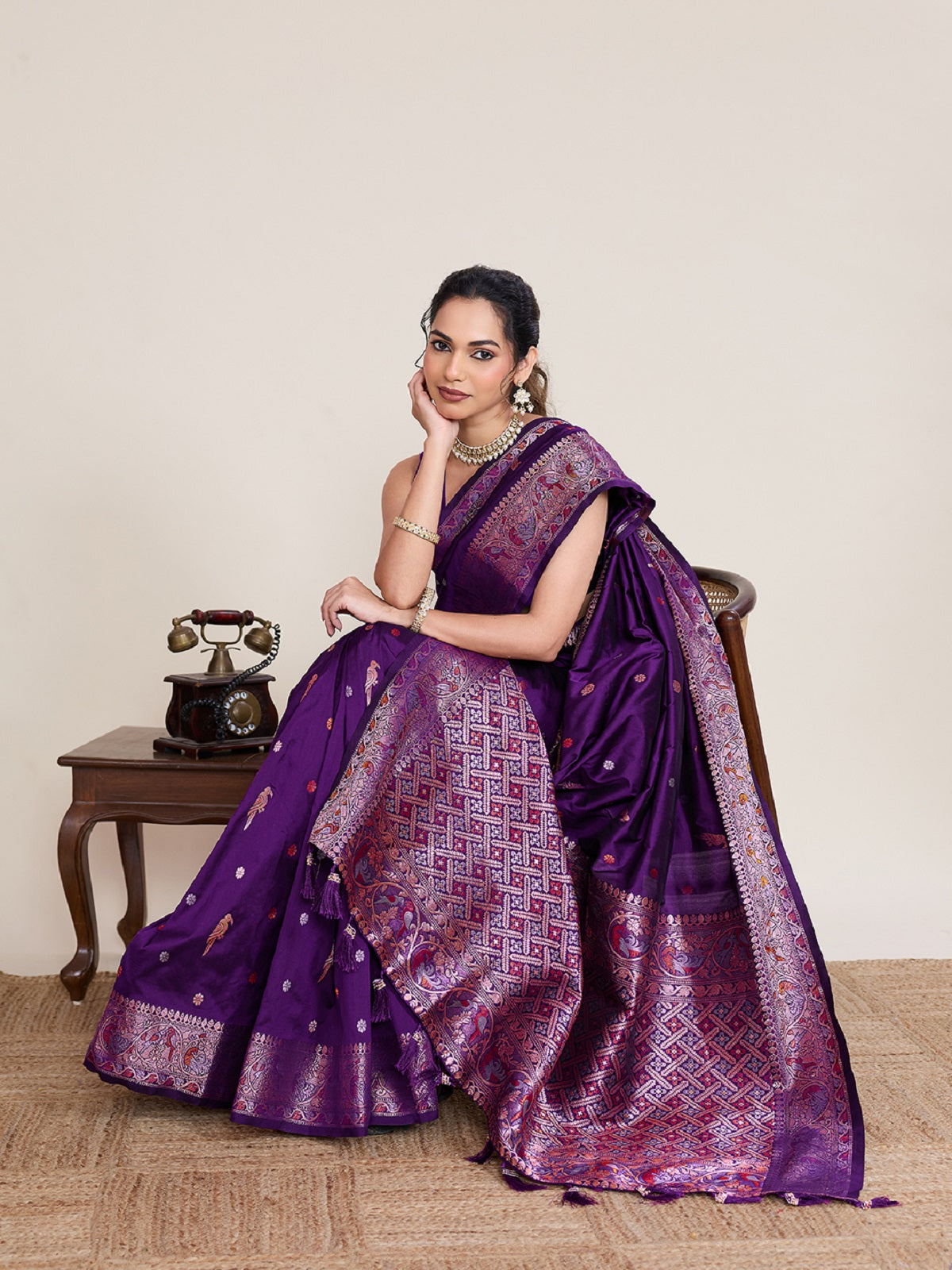 Dwija Fashion Deep Purple Wedding Wear Jacquard Silver Gold Jari Work With Unstitched Blouse