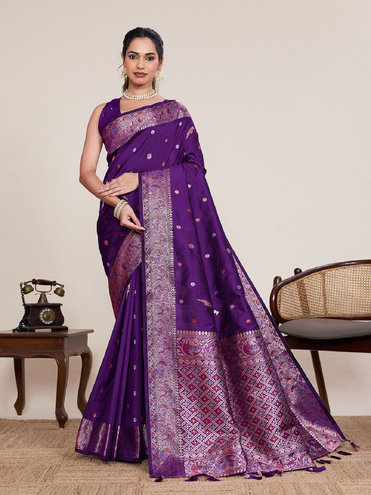 Dwija Fashion Deep Purple Wedding Wear Jacquard Silver Gold Jari Work With Unstitched Blouse