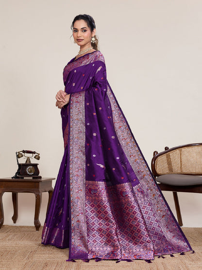 Dwija Fashion Deep Purple Wedding Wear Jacquard Silver Gold Jari Work With Unstitched Blouse