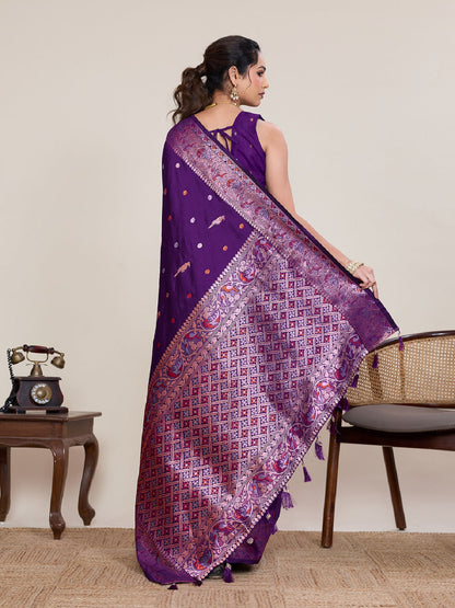 Dwija Fashion Deep Purple Wedding Wear Jacquard Silver Gold Jari Work With Unstitched Blouse