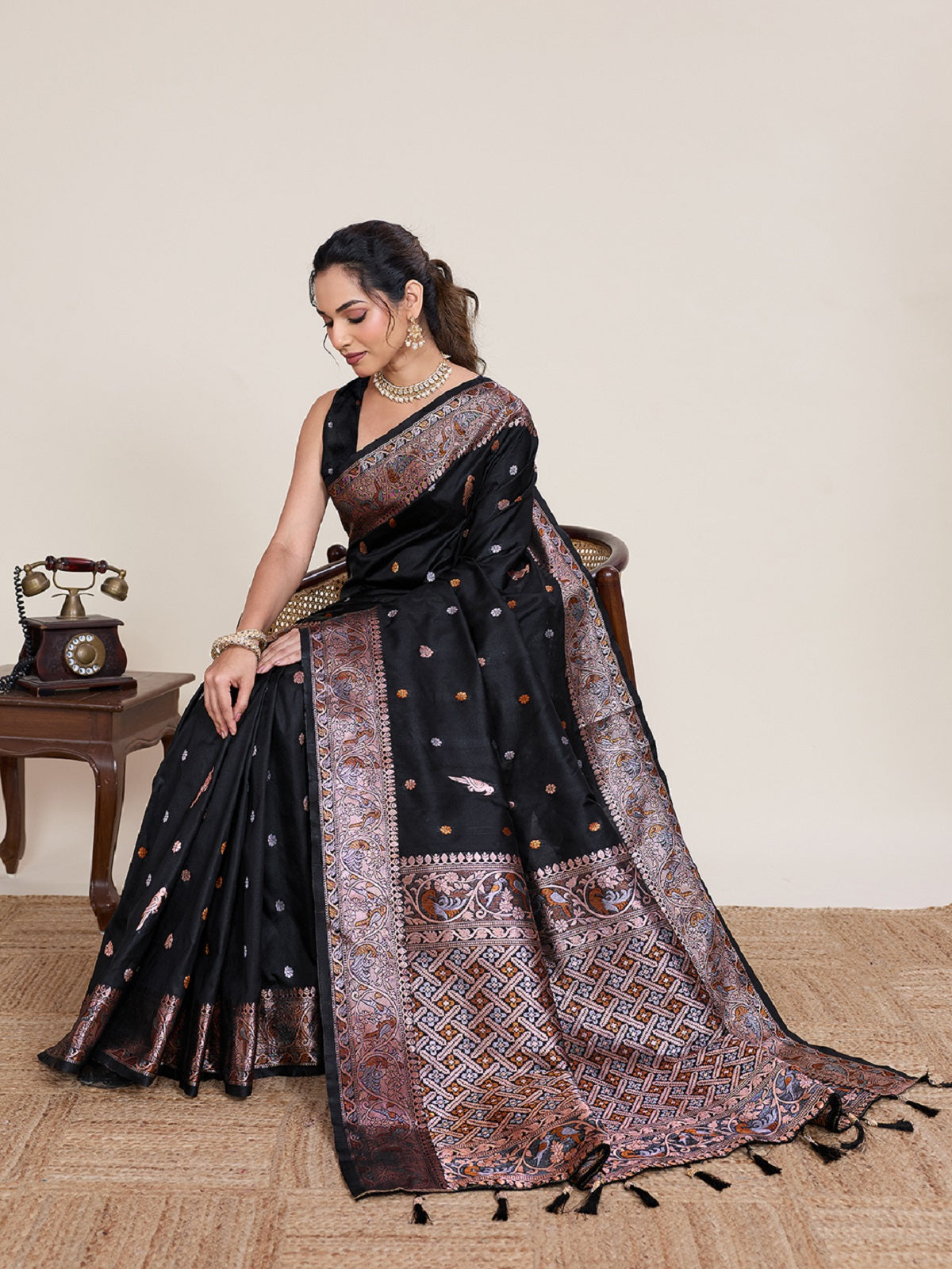 Dwija Fashion Black Wedding Wear Jacquard Silver Gold Jari Work With Unstitched Blouse