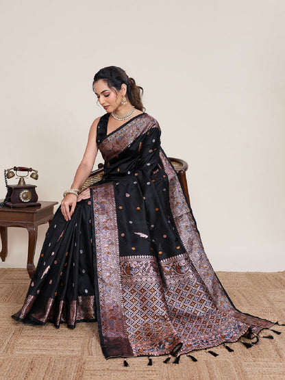 Dwija Fashion Black Wedding Wear Jacquard Silver Gold Jari Work With Unstitched Blouse