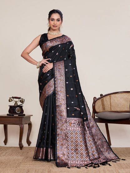 Dwija Fashion Black Wedding Wear Jacquard Silver Gold Jari Work With Unstitched Blouse