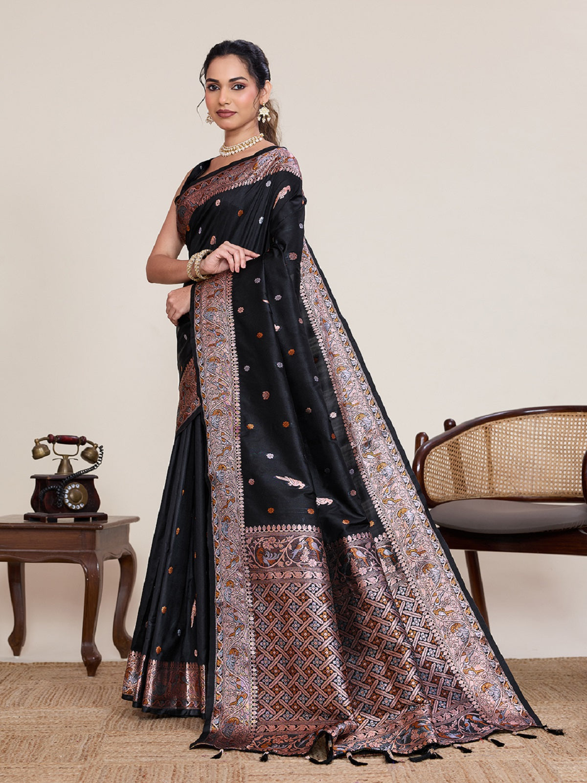 Dwija Fashion Black Wedding Wear Jacquard Silver Gold Jari Work With Unstitched Blouse
