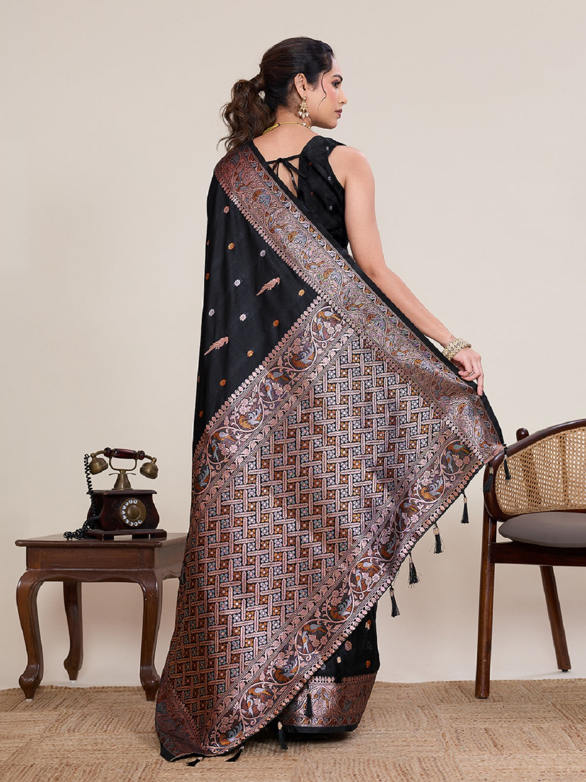 Dwija Fashion Black Wedding Wear Jacquard Silver Gold Jari Work With Unstitched Blouse