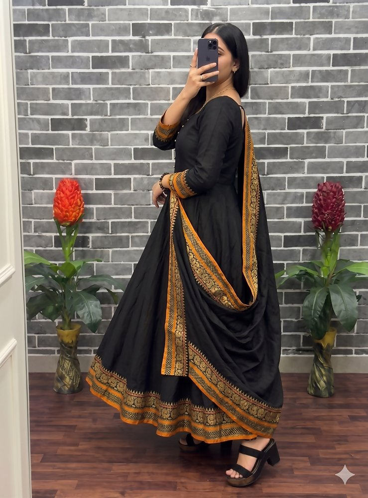 Teeya Creation New Trendy Stylish Black Solid Anarkali Kurta with Traditional Golden Border Dupatta Set