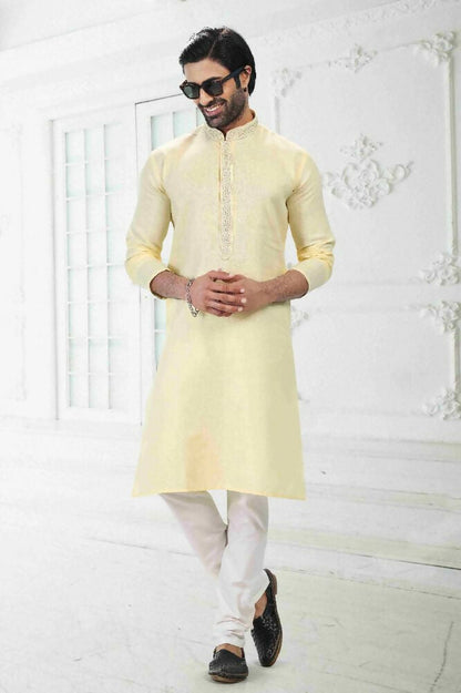 Raivat Ethnic Linen Cotton Thread Work Kurta Pajama In Yellow Colour