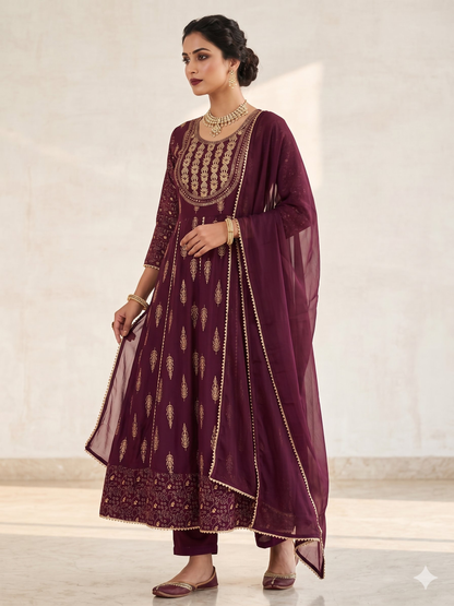 Teeya Creation Women's Premium Wine Color Fully Stitched Anarkali Kurta With Pant And Dupatta Set