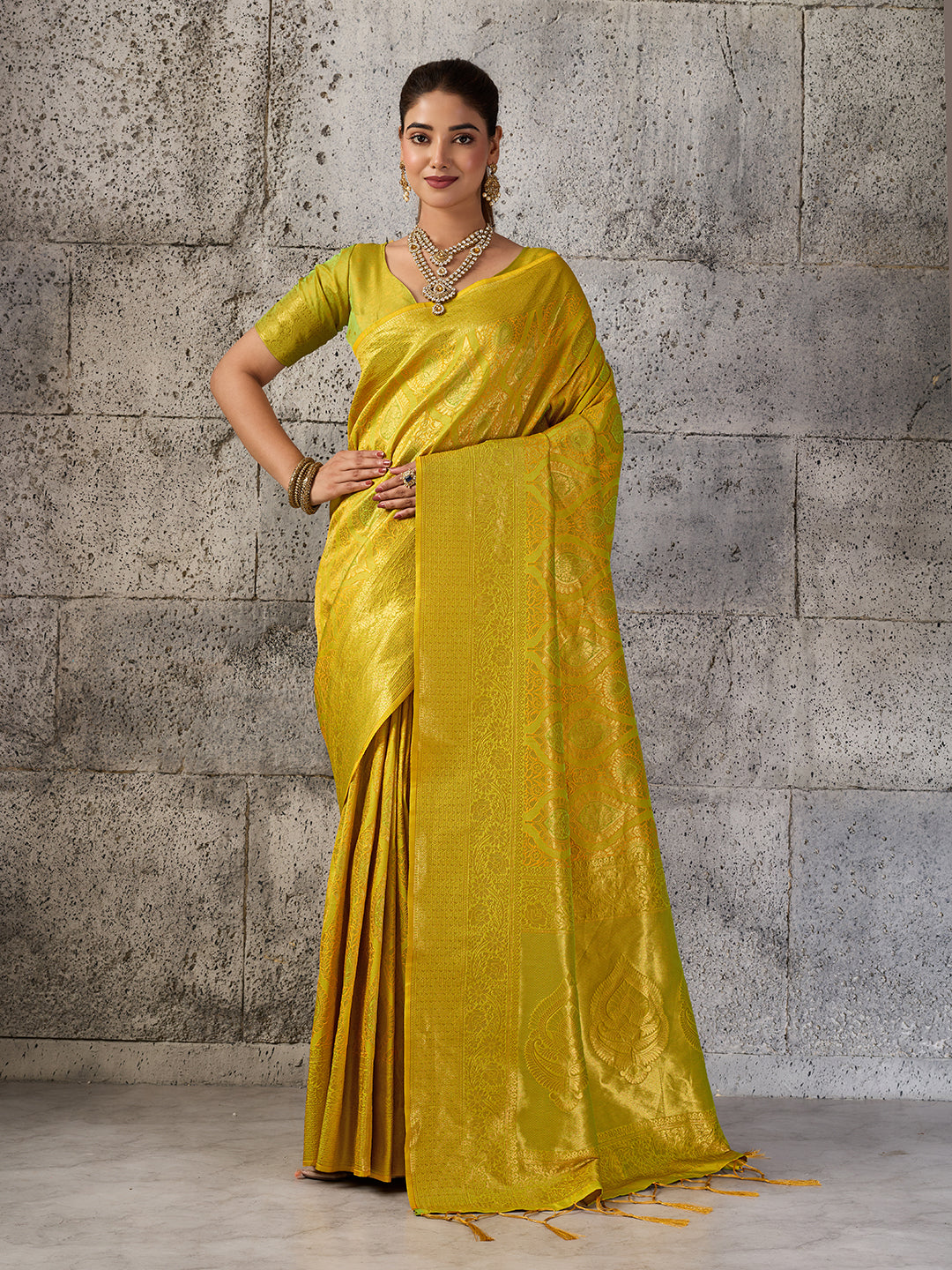 Shree Shyam Fashion Mustard Yellow Kanjivaram Silk Blend Fancy Saree