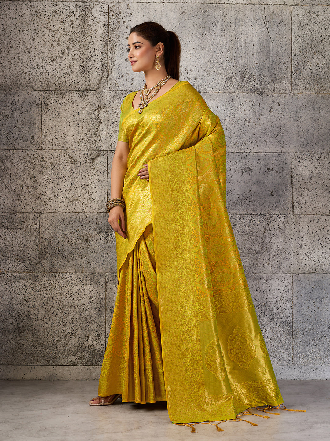 Shree Shyam Fashion Mustard Yellow Kanjivaram Silk Blend Fancy Saree