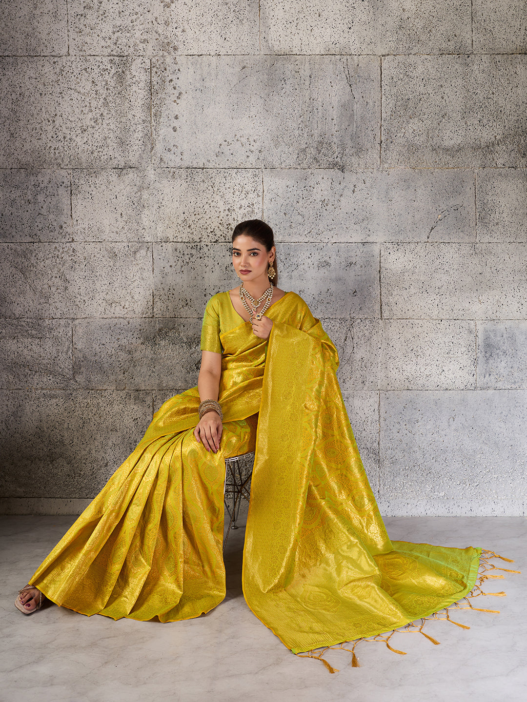 Shree Shyam Fashion Mustard Yellow Kanjivaram Silk Blend Fancy Saree