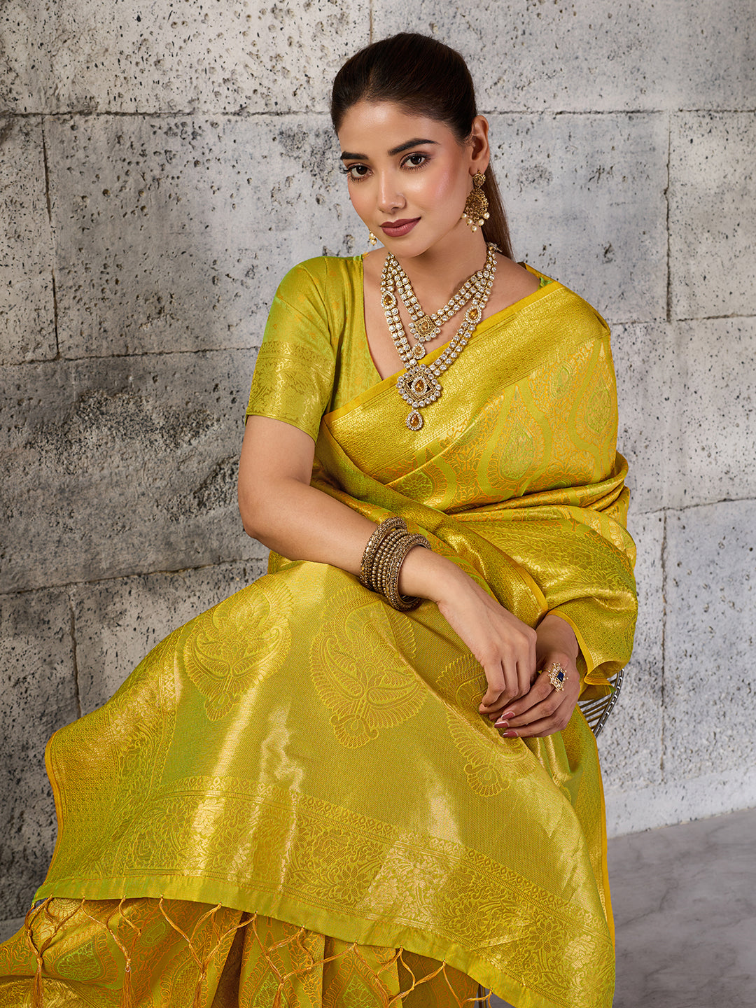 Shree Shyam Fashion Mustard Yellow Kanjivaram Silk Blend Fancy Saree