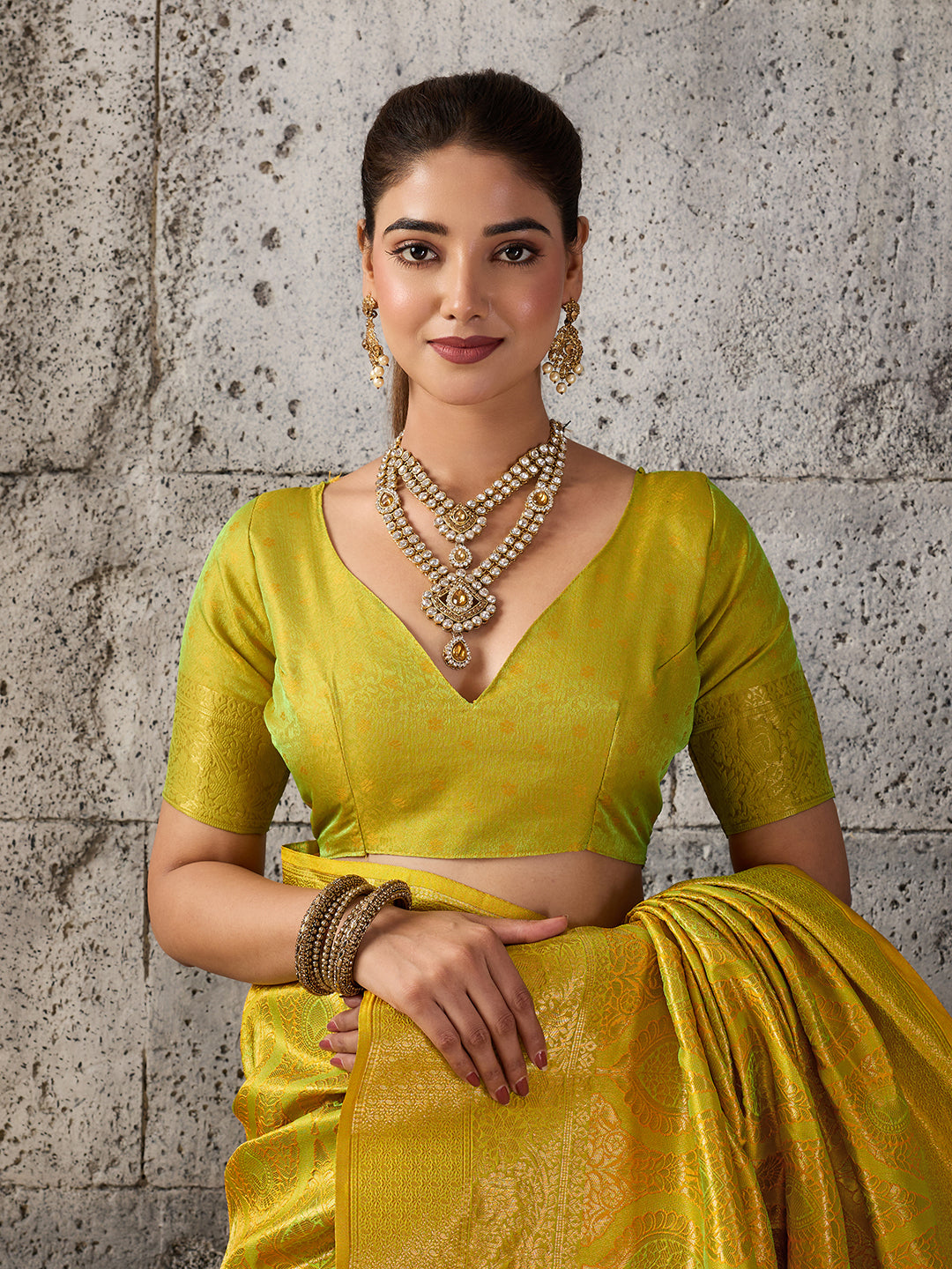 Shree Shyam Fashion Mustard Yellow Kanjivaram Silk Blend Fancy Saree