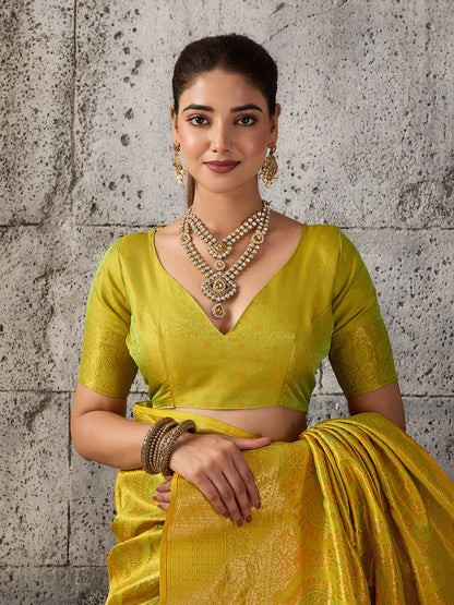 Shree Shyam Fashion Mustard Yellow Kanjivaram Silk Blend Fancy Saree