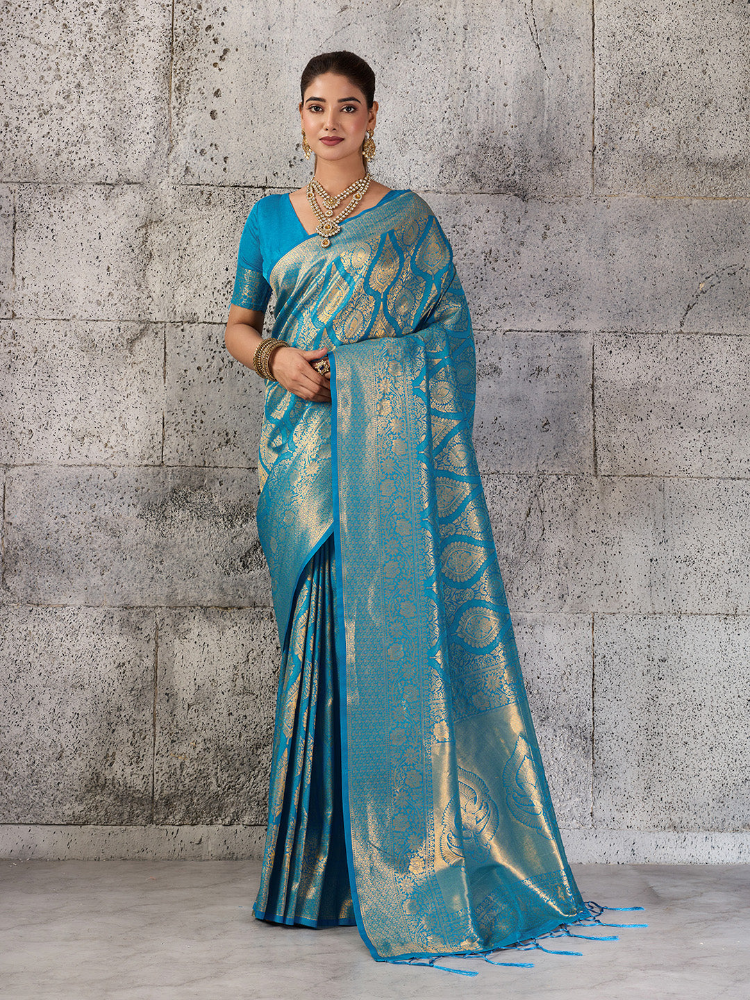 Shree Shyam Fashion Teal Blue Kanjivaram Silk Blend Fancy Saree