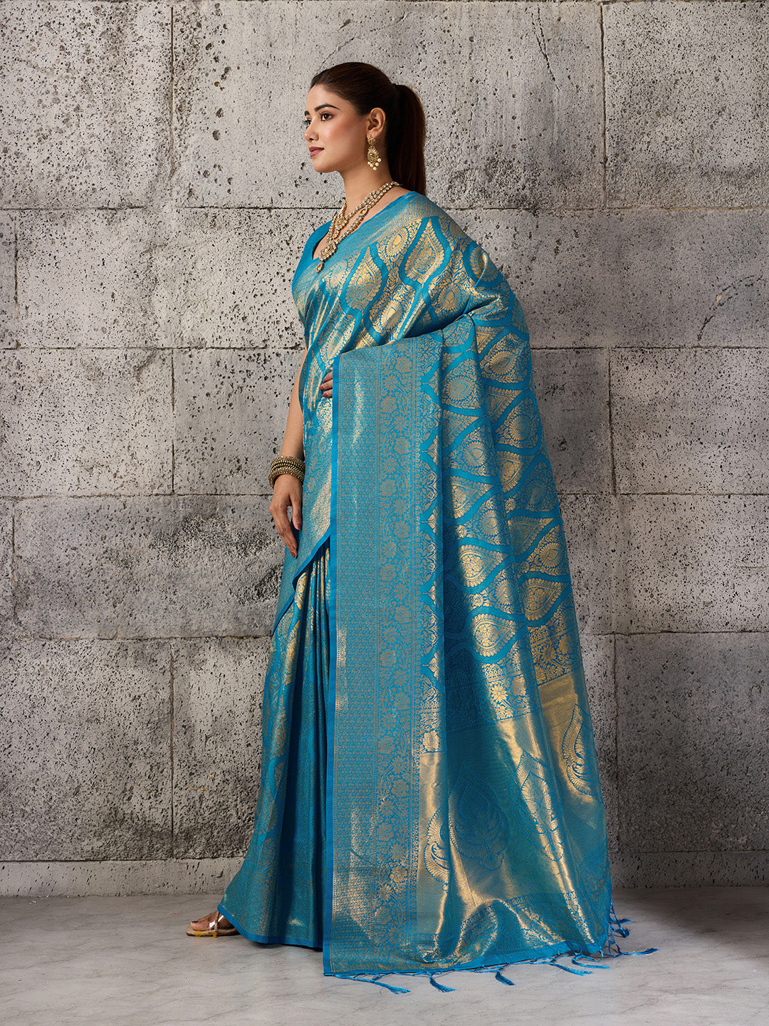 Shree Shyam Fashion Teal Blue Kanjivaram Silk Blend Fancy Saree