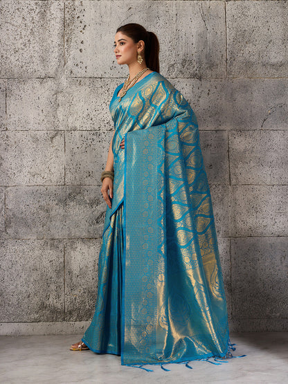 Shree Shyam Fashion Teal Blue Kanjivaram Silk Blend Fancy Saree