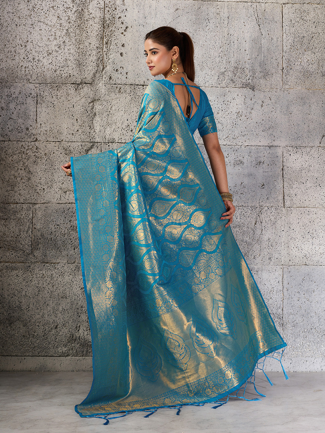 Shree Shyam Fashion Teal Blue Kanjivaram Silk Blend Fancy Saree