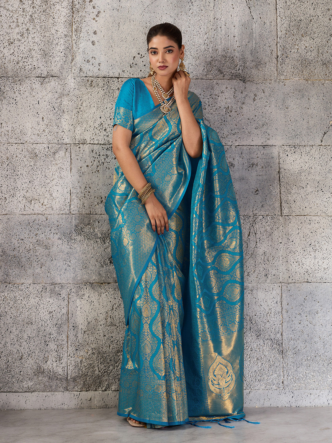 Shree Shyam Fashion Teal Blue Kanjivaram Silk Blend Fancy Saree