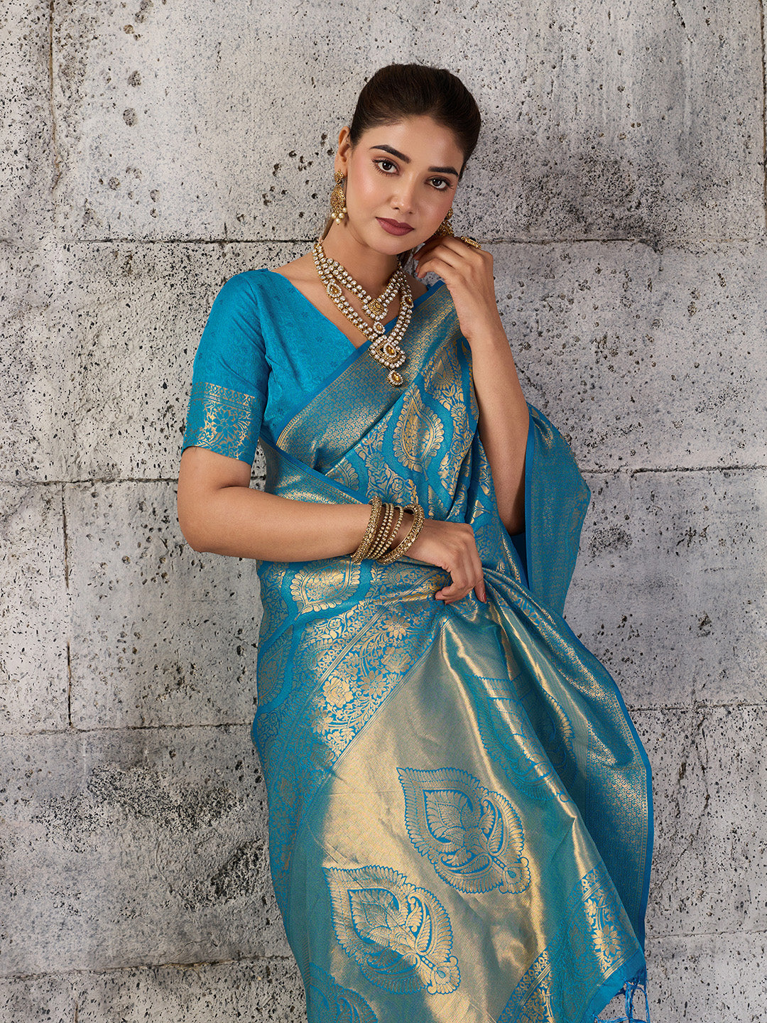 Shree Shyam Fashion Teal Blue Kanjivaram Silk Blend Fancy Saree