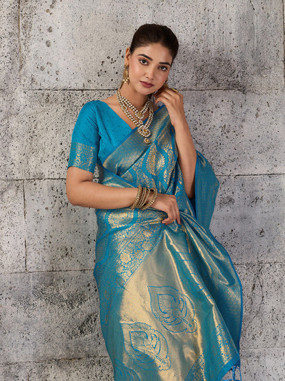 Shree Shyam Fashion Teal Blue Kanjivaram Silk Blend Fancy Saree