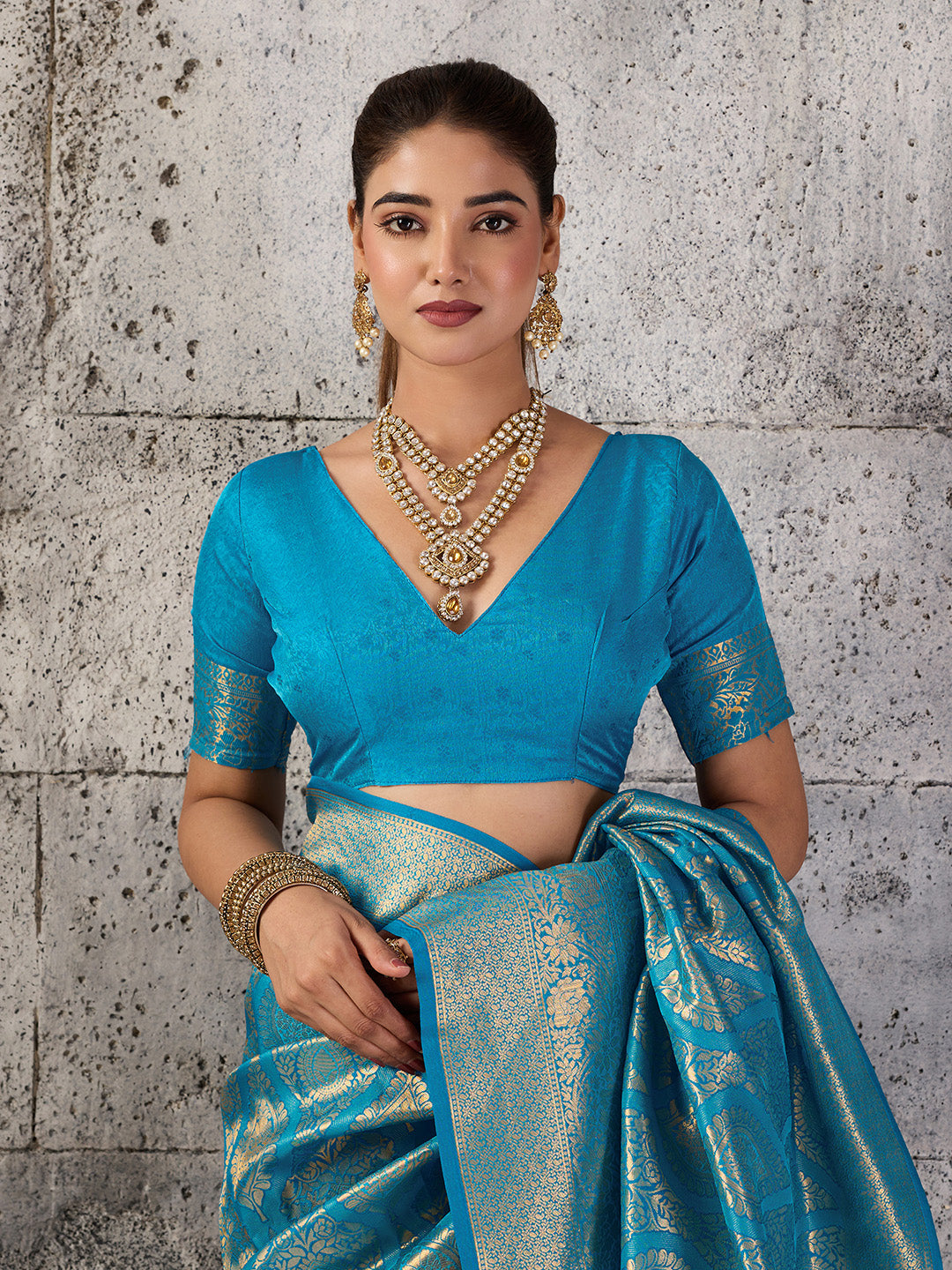 Shree Shyam Fashion Teal Blue Kanjivaram Silk Blend Fancy Saree