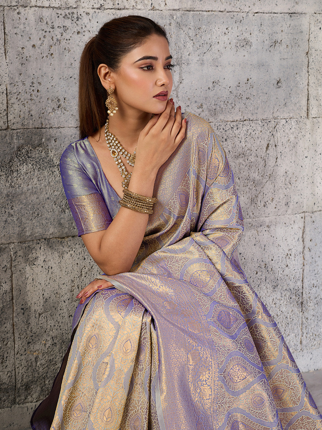 Shree Shyam Fashion Gray Kanjivaram Silk Blend Fancy Saree