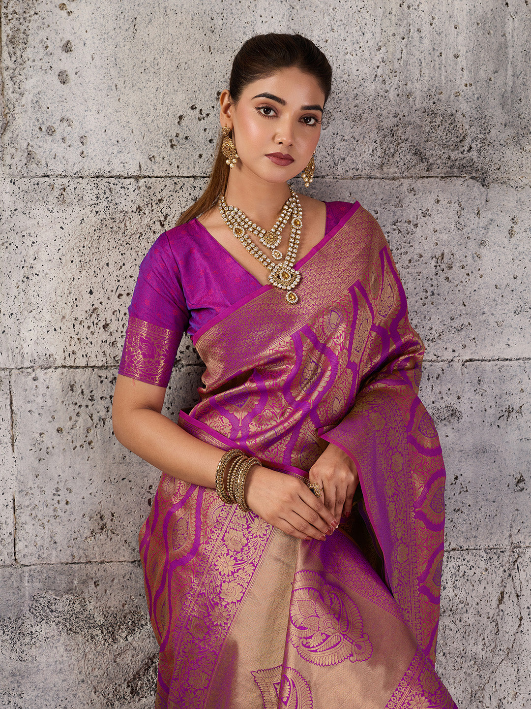 Shree Shyam Fashion Magenta Kanjivaram Silk Blend Fancy Saree