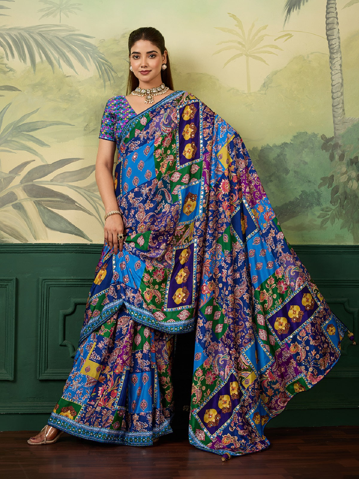 Dwija Fashion Women'S Pary Wear Printed Crep Silk Designer Saree With Unstitche Blouse-Blue
