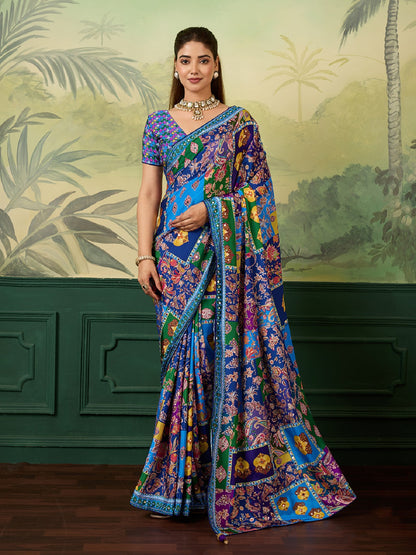 Dwija Fashion Women'S Pary Wear Printed Crep Silk Designer Saree With Unstitche Blouse-Blue